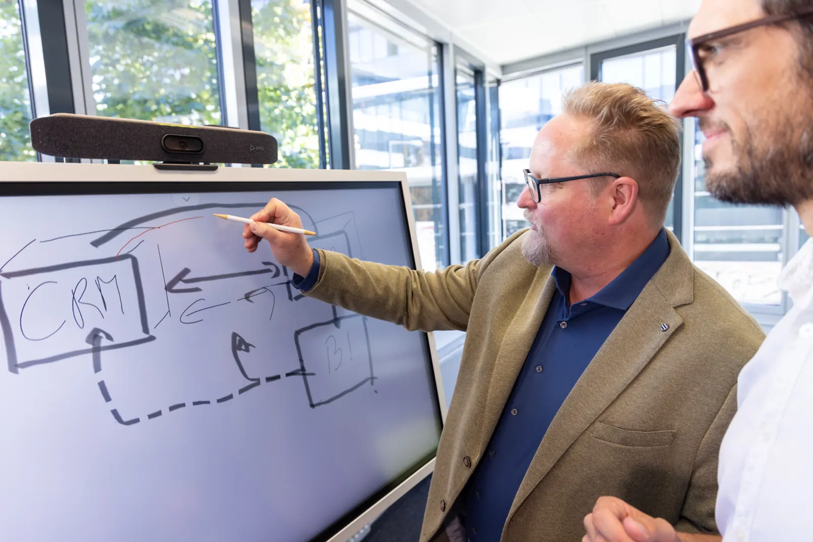 Berater skizziert auf einem digitalen Whiteboard, wie Daten zwischen CRM und BI fließen