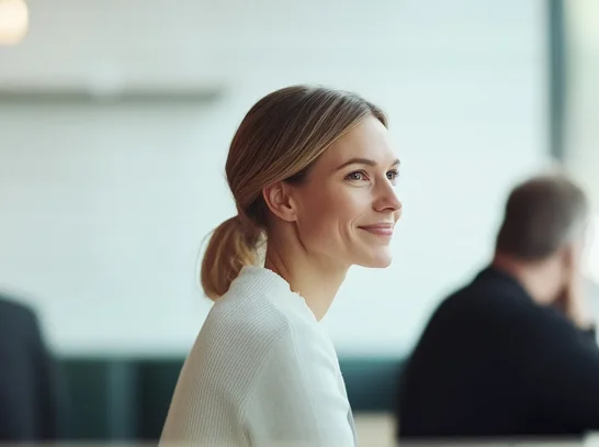 Frau freut sich über Produktivität in Teams, Outlook und Co durch M 365 Copilot