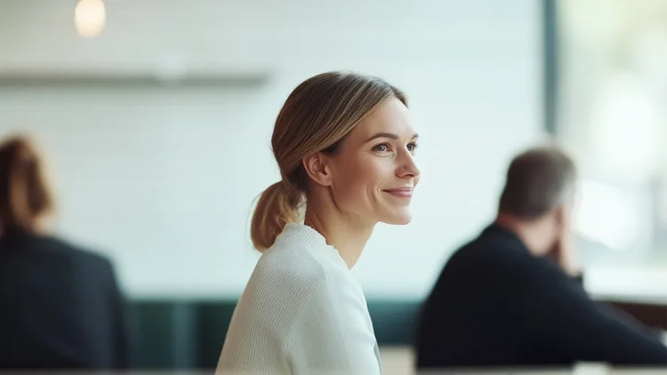 Frau freut sich über Produktivität in Teams, Outlook und Co durch M 365 Copilot