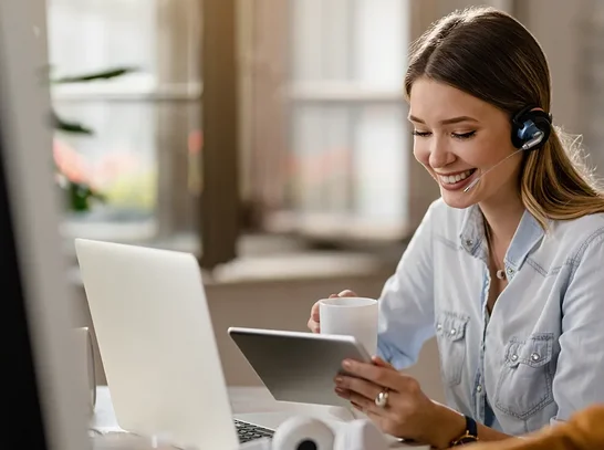Frau im Kundenservice telefoniert mit Kunden und hat CRM Lösung offen