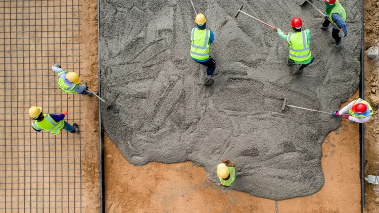 Bauarbeiter arbeiten auf Baustelle und arbeiten mit Beton
