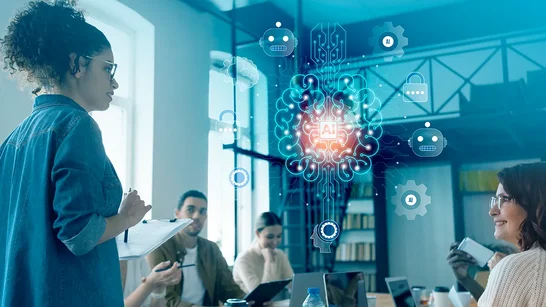 Über einem Team schwebt eine Abbildung mit Innovationen